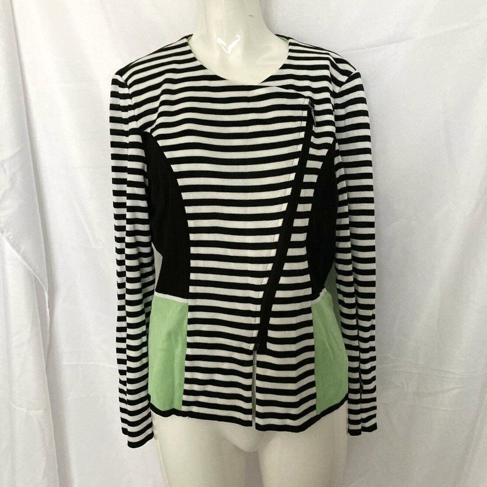 Ming Wang Knit Zip Jacket M Green Black Striped Colorblock Long Sleeve Cardigan